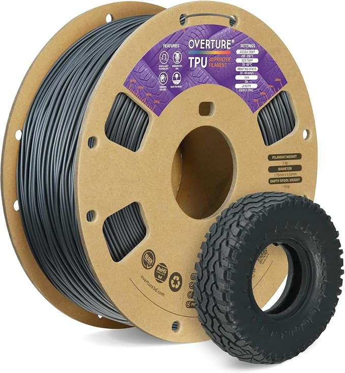 OVERTURE TPU 95A Flexible 3D Printer Filament 1.75mm | High Elasticity & Durability Filament,1kg Spool(2.2lbs),Fit Most FDM Printer(TPU Space Grey)