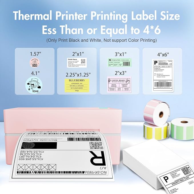 Bluetooth Thermal Shipping Label Printer: 4x6 Wireless Label Maker with Tape for Small Business - Compatible with iPhone, Android, Windows & Mac, Widely Used for USPS UPS Amazon Shopify, Pink