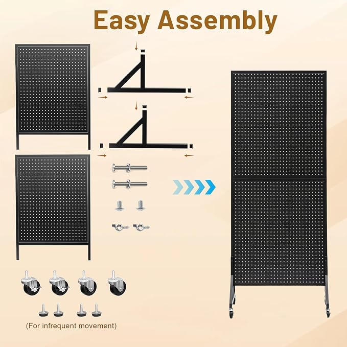 Metal Pegboard Display Stand 66" x 24”, Pegboard Shelf with 30 Hooks, 4 Wheels and 4 Leveling Feet, Peg Board Panels Display Rack for Retail Store, Craft Show, Garage, Jewelry Organizer, Black
