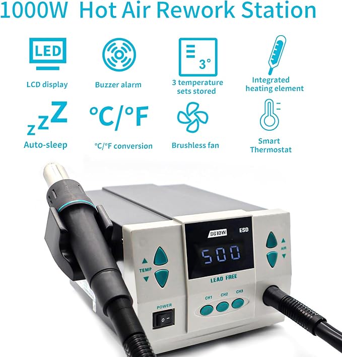 861DW Hot Air Rework Station, 110v 1000W Digital Display Automatic Sleep Hot Air Gun Soldering Station, with 7 air nozzles, Adjustable Temperature Desoldering Gun BGA Rework Station