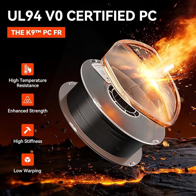 kexcelled Flame Retardant PC Filament 1.75mm,Black Polycarbonate Filament,PC FR with UL94 V0 Grade Halogen-Free Fire Retardant &Heat Resistant，1kg Spool (2.2lbs)