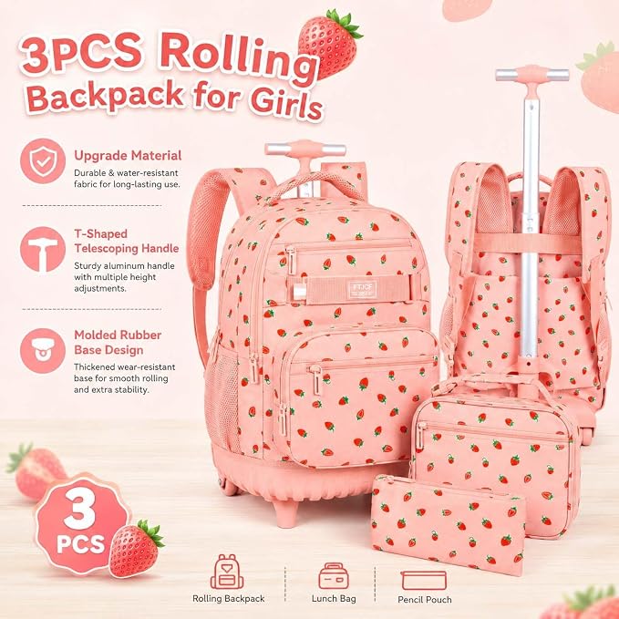 3Pcs Rolling Backpack for Girls Women, Travel Roller Backpacks with Wheels for Adults, Teens College Strawberry Wheeled Bookbag with Lunch Box (Pink)