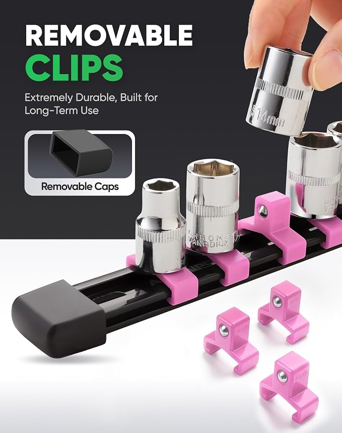 ALOANES 12PC Socket Organizer, Socket Rails Fit 1/2", 1/4" and 3/8" Drive | Heavy Duty ABS Socket Holders Hold up 172 Sockets for Mechanics Toolbox Drawer Bags(Pink)