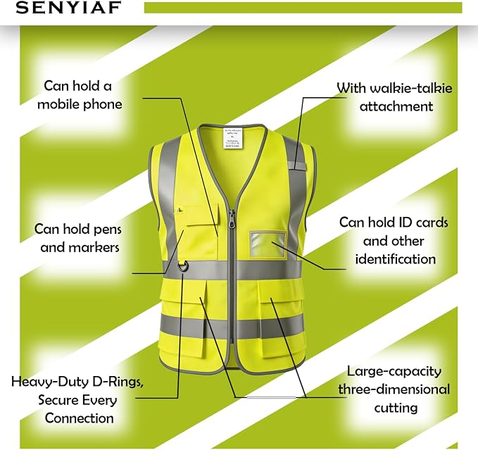 12 Pack Hi Vis Reflective Safety Vest Multi Pockets & Zipper Class2 | Construction Work Vest for Men and Women,Warehouse Crews,Road Workers,Volunteers,Security,Baggage Handling,Survey,Airport