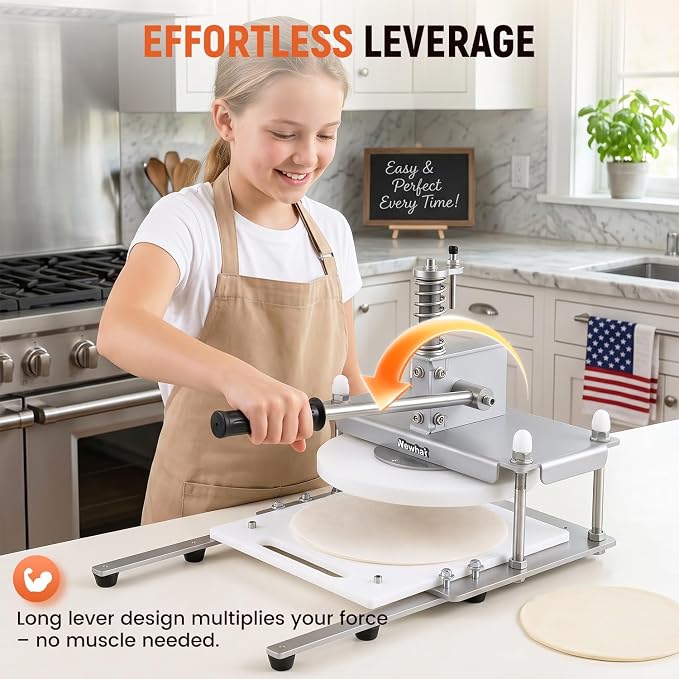 Newhai Manual Pizza Dough Press Machine 9.8" Stainless Steel Dough Sheeter Pastry Pizza Bread Press Forming Processor with Parchment Papers for Bakery Home Restaurant Use