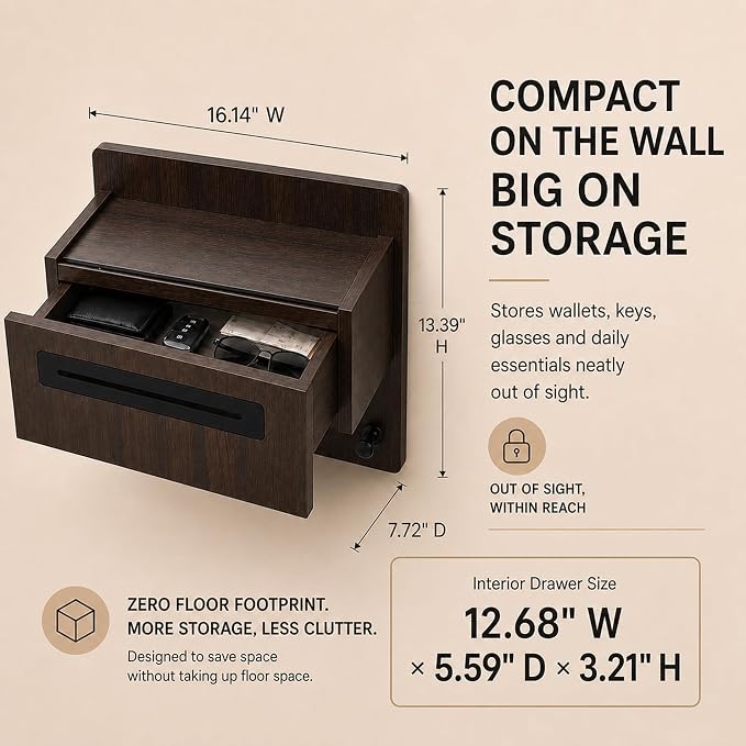 Floating Shelf with Drawer & Hooks, Entryway Organizer with Sensor Light | Italian Wood Veneer, Hidden Drawer, 4 Matte Black Hooks & Warm Sensor Light for Mail, Keys, Wallets, Coats & Daily Essentials