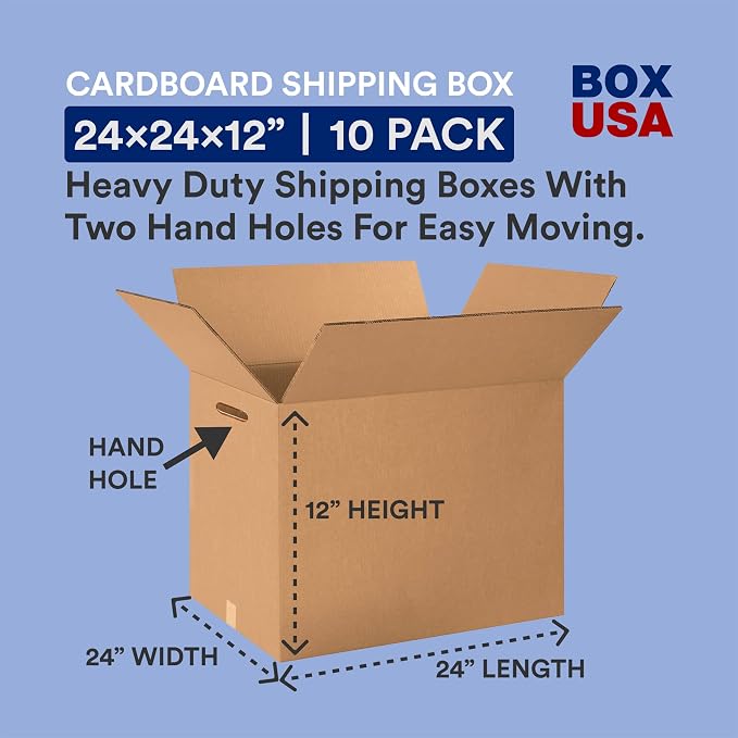 Box USA Double Wall Boxes with Handles 24”L x 24”W x 12”H (10-Pack) - Corrugated Cardboard for Shipping, Packaging, Moving, Storage for Home and Business