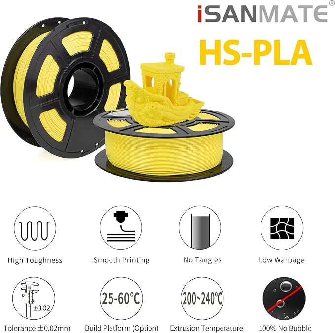 iSANMATE Rapid PLA Plus Filament 1.75mm, Yellow 3D Printer Filament, Fast Printing Speed PLA, Dimensional Accuracy ±0.02mm, 1kg/Spool