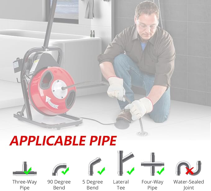 GAOMON Drain Cleaner Machine 50FT x 1/2 Inch Electric Drain Auger Sewer Auger Fits 1 to 4 Inch Pipes with 4 Cutter, Air-Activated Foot Switch, Gloves (K300F)