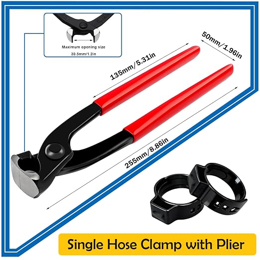 115Pcs 304 Stainless Steel Black Single Ear Hose Clamps with Ear clamp plier 6-28.6mm Crimp Hose Clamps Assortment Kit for Auto/Home Appliance/Pipe/Fuel Line Stepless hose clamp with pincer