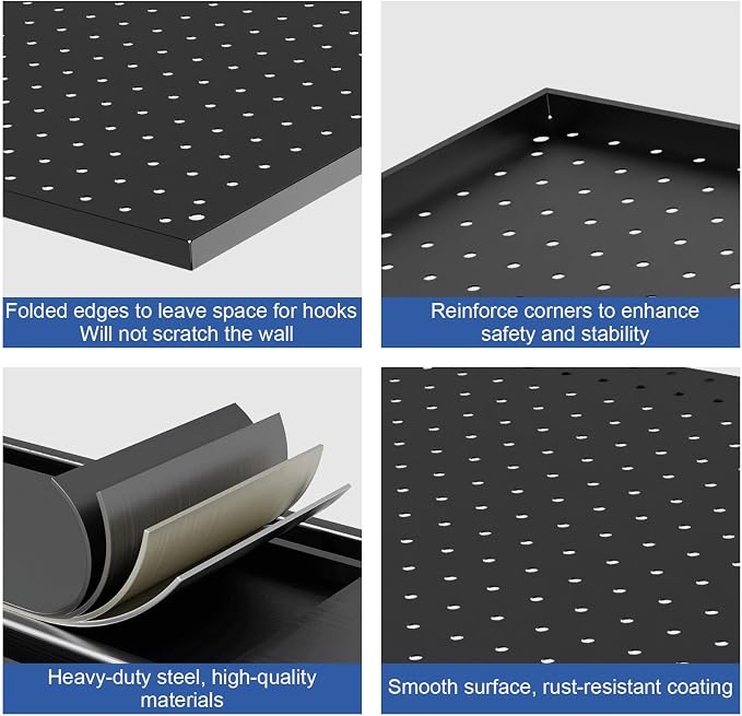 2 Pcs 24”×16”Metal Pegboard Panels, Heavy Duty Peg Boards with Hooks, Steel Organization Panels for Garden Tool Storage, Walls Home, Office, Black