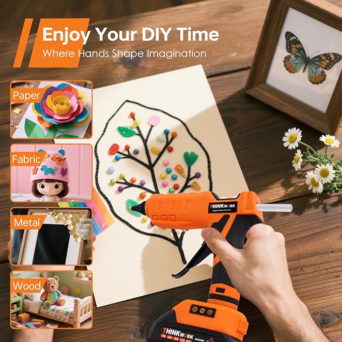 THINKWORK 20V Cordless Glue Gun - Digital Temp Adjustable Drip-Free Fast Heating Full Size Heavy Duty Hot Glue Gun with 32 Glue Sticks for Crafts DIY, Repair, Gift