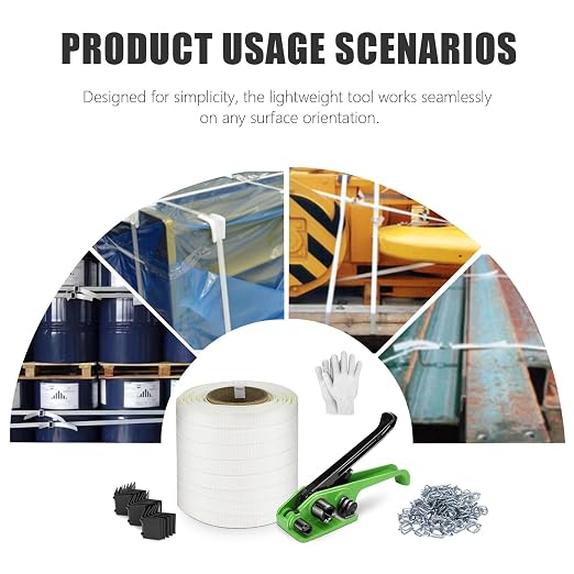 Heavy Duty Banding Strapping kit Contain 3/4"x 330' Woven Cord Packaging Straps & 100 Metal Wire Buckles 100 Plastic Edge Protectors Tensioner with Cutter Tool Glove