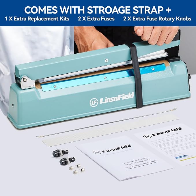 Commercial Bag Sealers 12 inch, 2mm Sealing Width Iron Impulse Sealer, Heavy Duty Manual Shrink Wrap Heat Sealer Machine with 1 Replacement Kits 2 Fuses, Blue