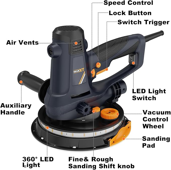 MAXXT Handheld Drywall Sander 810W, Electric Sander for Walls,Rough and fine Sanding, 1500-2800RPM Variable Speed, Upgraded Pad, Adjustable Suction, Self-Dust-Extraction (120, Volts)