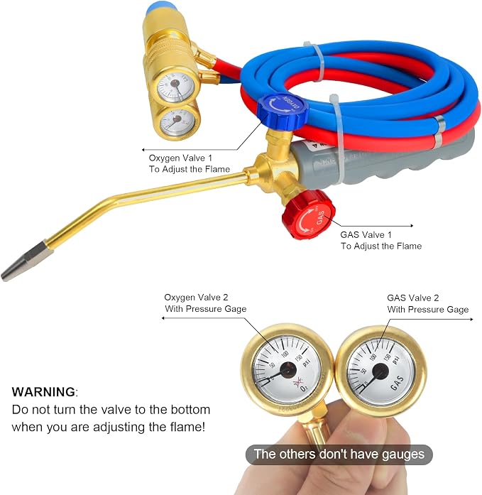 Brazing Torch Kit for MAPP Gas & Propane, Brass & Stainless Steel Cutting Torch Kit with Dual Pressure Meters & Metal Case, Welding Torch Set for Soldering, Jewelry, HVAC, Glass Blowing