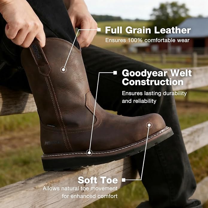 NINGO Soft/Steel Toe Work Boots for Men, Waterproof & Slip Resistant Wellington Leather Boots, Pull On Design, EH Protection with Goodyear Construction Shoes for Industrial, Farm & Welding