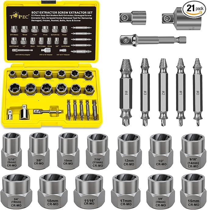 Topec 21 PCS Bolt Extractor Kit, 3/8" Drive Bolt & Nut Remover Socket Set, HSS 4341 Small Screw Extractor Set, 2-in-1 Removal Tool for Stripped, Broken, Damaged, Rounded Nuts, Screws