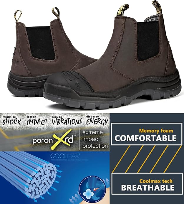 Work Boots for Men, Steel/Soft Toe Waterproof Working Boots, Slip Resistant Slip-on Safety Static Dissipative Working Shoes (Dark Brown)