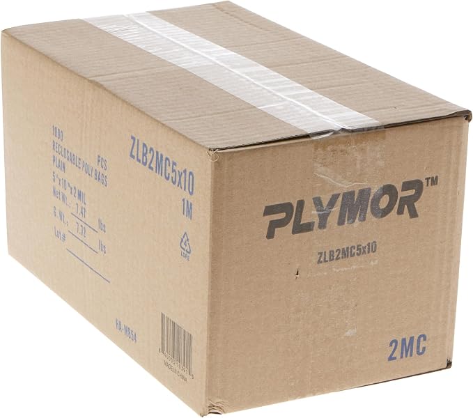 Plymor 5" x 10" (Case of 1,000), 2 Mil Zipper Reclosable Plastic Bags