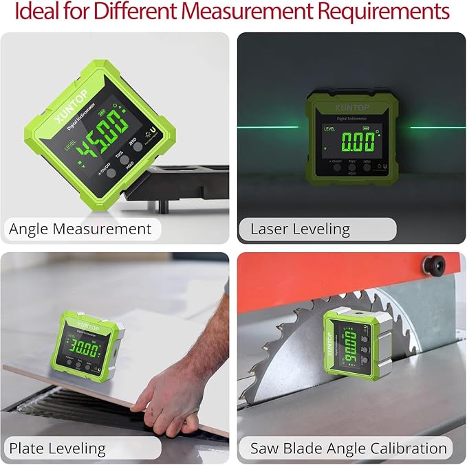 XUNTOP 4x90° Digital Angle Finder with Green Laser(Class 2, <1mW Output) 4 Sided Strong Magnetic Digital Angle Gauge Rechargeable IP54 Waterproof Level Box with VA Display for Woodworking Construction