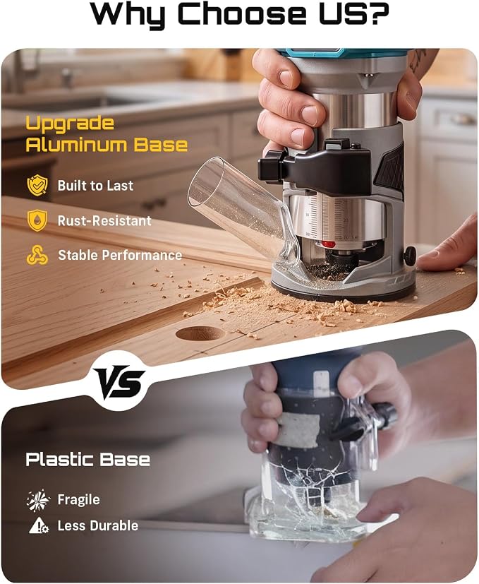 SEESII Cordless Wood Router, 21V Brushless Compact Palm Router with 2×4.0Ah Battery, Aluminum Base, LED Display, Dust Extraction, 6-Speed Adjustment & 8PCS 1/4"Router Bits, Trimmer for Woodworking