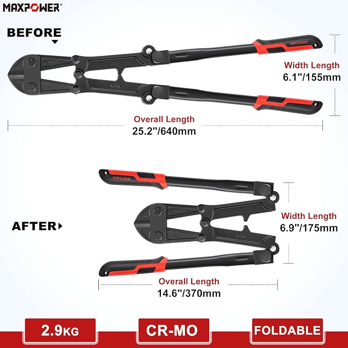 MAXPOWER 24-inch Bolt Cutter, Foldable Bolt Cutters with Soft Grip Ergonomic Non-Slip Handle, Heavy Duty Bolt Chain Padlock Wire Cutting Tool