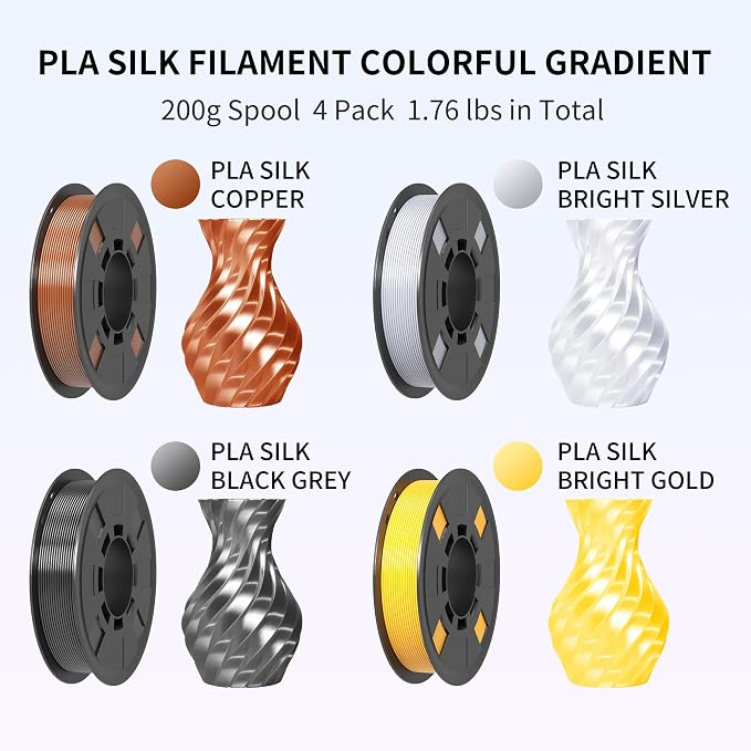 RAMBERY Silk PLA Filament, Silver/Gold/Copper/Grey, 1.75mm, 200g x 4 | Shiny Metallic, Dimensional Accuracy +/-0.02mm, 3D Printer Filament