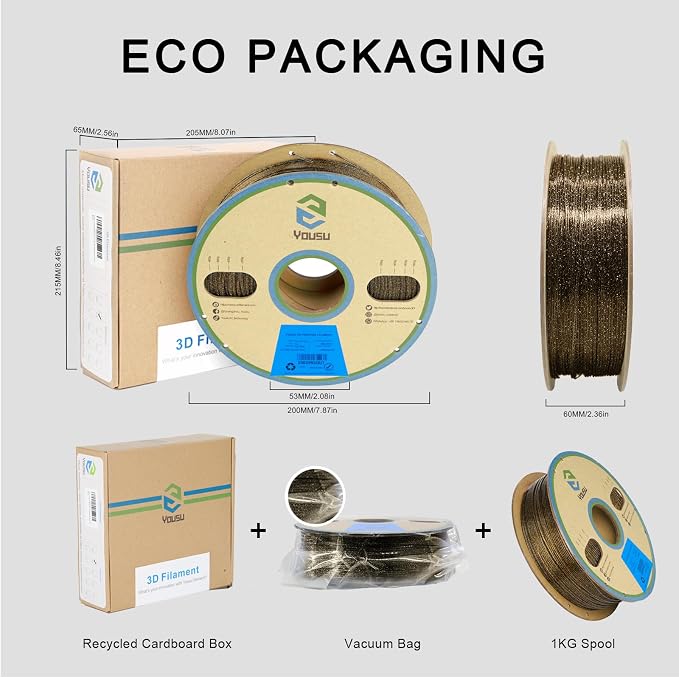 YOUSU 3D Printer Filament PLA Filament 1.75mm Gold 3D Effect Glitter-Black filament1kg(2.2lbs).