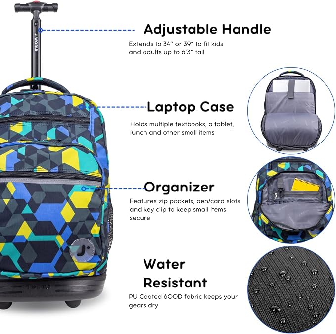 J World Sundance Laptop Rolling Backpack for Girls Boys. Roller Bookbag with Wheels, 20 Inch, Cubes