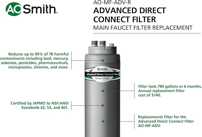 AO Smith Advanced Direct Connect Under Sink Replacement Filter for AO-MF-ADV System - Claryum Filtration Reduces Up To 99% of 78 Harmful Contaminants - AO-MF-ADV-R
