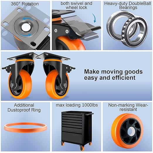 3 Inch Casters Set of 4 Heavy Duty, Caster Wheels with Safety Dual Locking, No Noise Swivel Plate Casters,Industrial Castor Wheels Sets 4 for Furniture,Workbench(Free Hardware Kits)