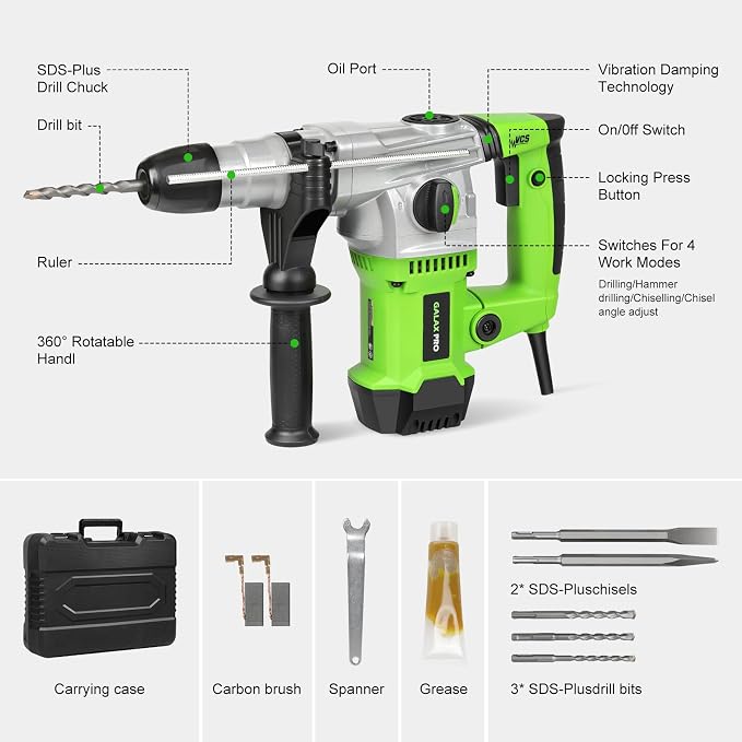 GALAX PRO SDS-Plus Rotary Hammer Drill 1500W 0-4000RPM, 4 in 1 Functions | 360° Anti Vibration Auxiliary Handle, Heavy Duty Electric Rotary Hammer Drill with Case,for Metal, Wood, Brick, Plastic