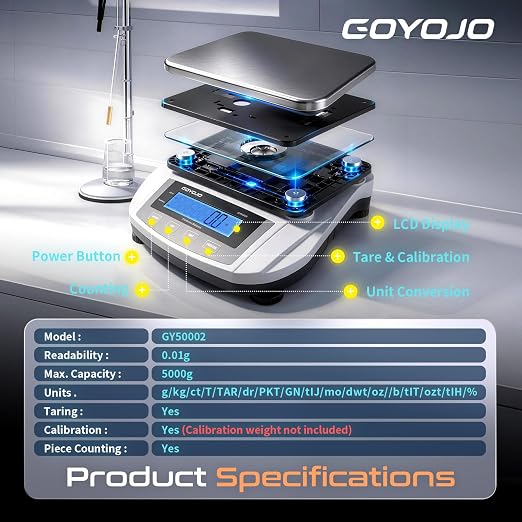 GOYOJO Digital Analytical Balance and Lab Scale, 5000g Capacity, 0.01g Precision, Stainless Steel, Multi-Unit (g/oz/ct/lb) for Jewelry, Kitchen, and Lab – Reliable, Accurate, Easy to Use, Black Panel