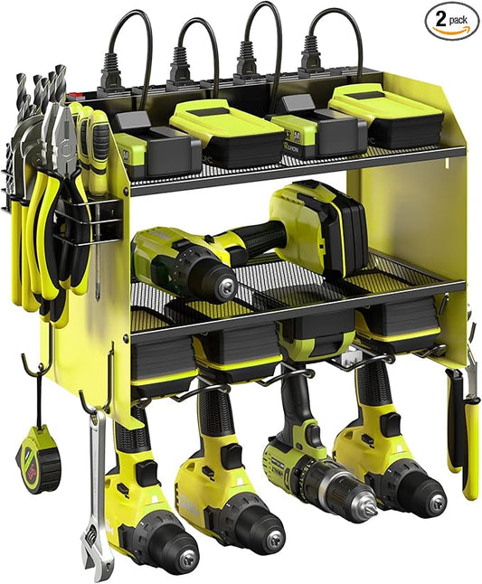 CCCEI Wall Mount Modular Tool Charging Organizer, Green, 2 Pack, 3 Tier. | Drill Battery Storage Rack with Hooks, Garage Workshop, Gifts for Men, Dad, Husband Anniversary, Birthday, Christmas