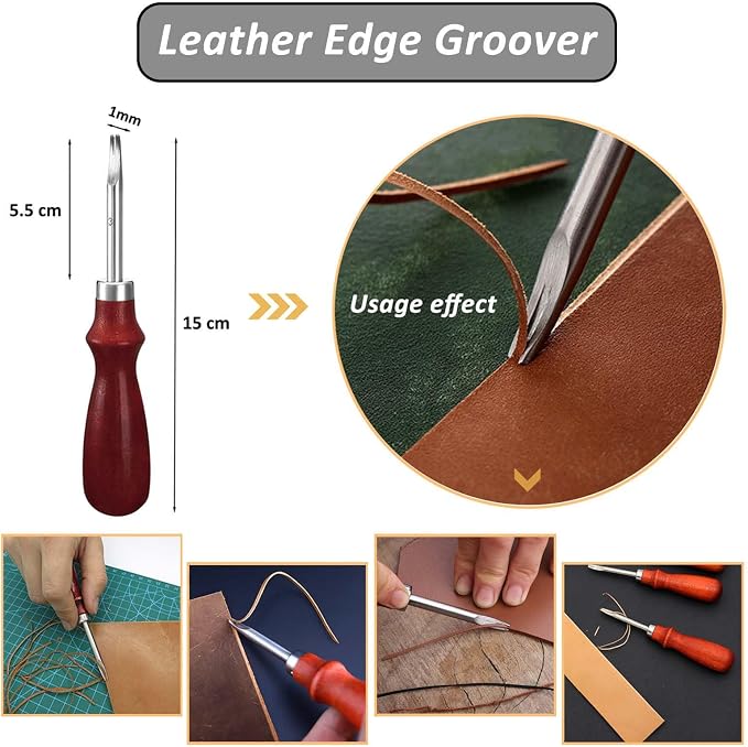 Leather Tooling Kit, Including Leather Cutting Knife Tracing Wheel Edge Beveler Groover Wooden Burnisher Swivel Knife Leathercraft Accessories-7PCS-silver