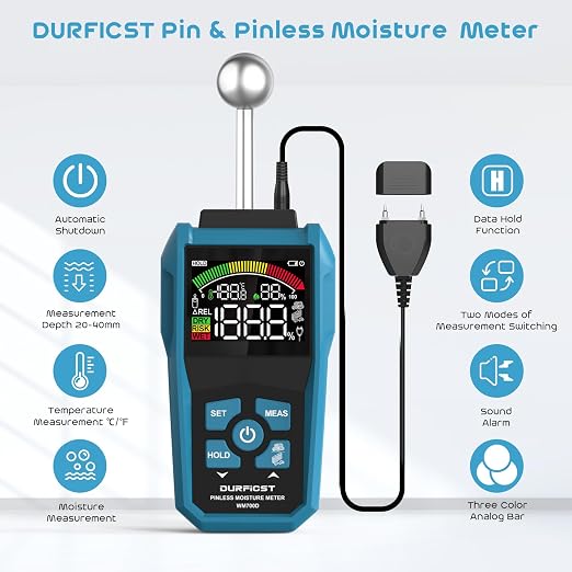 DURFICST Pin&Pinless Moisture Meter with Color LCD & Acoustic Alarm, Detects 20-40 mm Walls, Wood, Masonry, Concrete & Other Building Materials