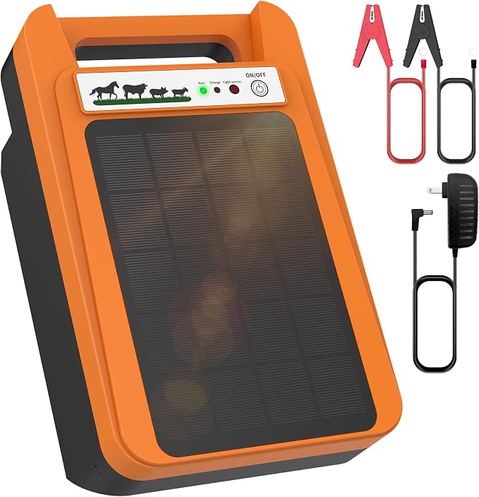TEPU 10 Mile Solar Electric Fence Charger, 0.2J Output Portable Solar Fence Charger, 24-Hour Uninterrupted Protection, Operates Up to 14 Days Without Sunlight, for Livestock and Predator Protection