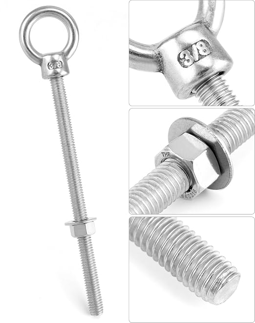 QWORK 316 Stainless Steel Machinery Eye Bolt with Shoulder, 5 Pack 3/8" x 6" Long Stainless Steel Marine Grade Shoulder Eye Bolt, Threaded Eyebolts, WD30279