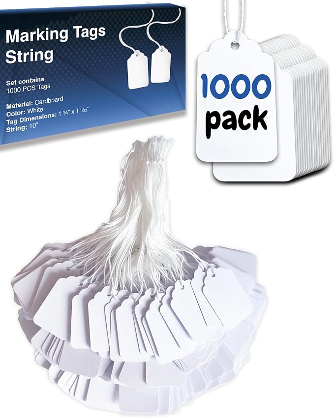 EasyTwelve - Price Tags with String Attached – 1000 White Hang Tags, 1.75 x 1.093 in, String Tags for Clothing, Jewelry, Retail, Garage Sale