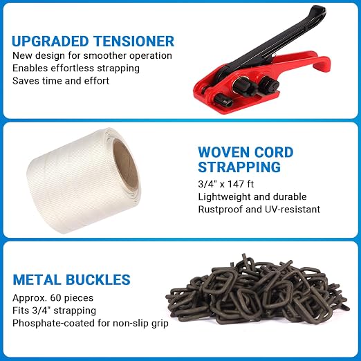 Woven Cord Banding Kit Pallet Packaging Tool 3/4" x 147' Strapping, 60pcs Metal Phosphate Cord Strapping Buckles Heavy Duty Tensioner Kit by LOCXVE
