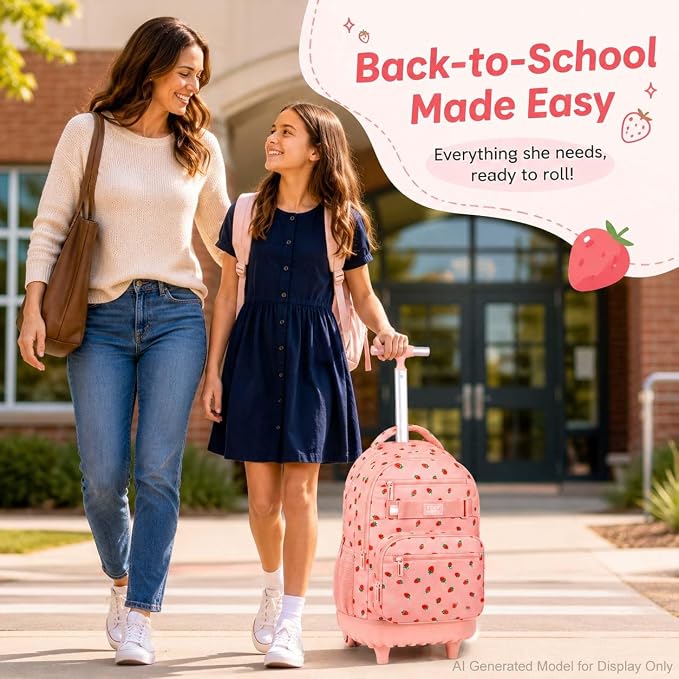 3Pcs Rolling Backpack for Girls Women, Travel Roller Backpacks with Wheels for Adults, Teens College Strawberry Wheeled Bookbag with Lunch Box (Pink)