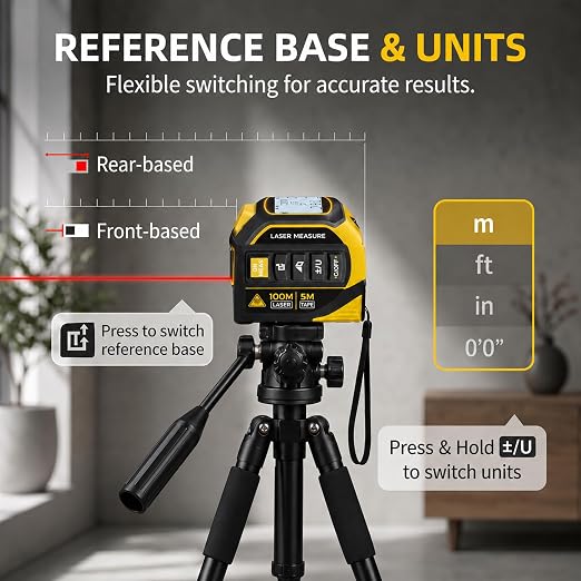4-in-1 Digital Laser Tape Measure, 16FT Tape, 328FT Distance Meter | 33FT cross-line laser, area, volume and ceiling height for room measurements, flooring, furniture layout and home remodeling