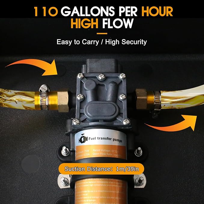 12V 75W Fuel Transfer Pump Set, gasoline transfer pump Moves Up to 110 Gallons Of Gas or Diesel Per Hour, with Patented Pulley Lead Pipe,for Vehicles, Boats, Equipment, UTV (110GPH, PRO SET)