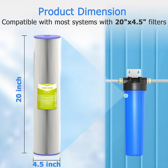 20 Micron Whole House Water Filter Cartridge, Pleated Sediment Filters for Well Water, Universal Replacement for Any 20 inch Big Housings - 20" x 4.5" Cartridges - Pack of 6