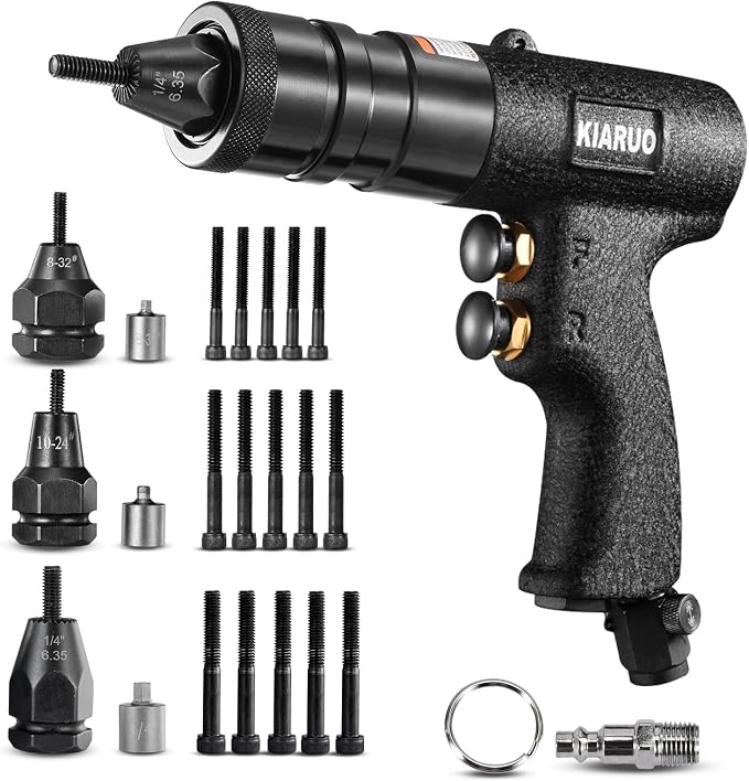 Pneumatic Rivet Nut Gun 8-32,10-24,1/4-20 with Replacement Mandrels, RPM 1500 Industrial Grade Pull Rivnut Gun MODEI:LM08 Button Switch