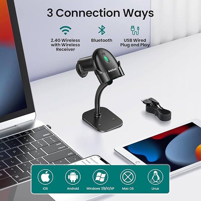 2D 1D Barcode Scanner with Stand, Bluetooth, Wireless and USB Wired | Screen scanning, 2.4G connection, automatic scanning, prefix/suffix addition,for warehouses,supermarkets,bookstores,drugstore