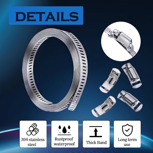 304 Stainless Steel Hose Clamp Assortment Kit,DIY 6.5FT Metal Strap + 4 Stronger Fasteners,Adjustable Large Worm Gear Hose Clamps Screw Clamps for Pipe,Duct,Tube,and Fuel Line