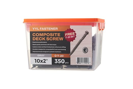 Coated Composite Deck Screws #10 x 2, Self Tapping Wood Screws and Deck Screws with Torx T20 Star Drive, Type 17 Point, Flat Head, 1 Free Bit Included (Gray, 350), by YYL FASTENER