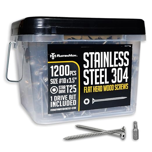 304 Stainless Steel Deck Screws, #10 x 3-1/2", 1200 PCS | Torx Flat Head Type 17 Point with T25 Bit, Ideal for Outdoor Wood Projects, Fences, Benches, Picnic Tables, Decks, Bulk Box